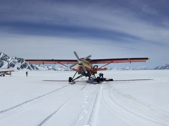 Ski-equipped deHavilland Otter aircraft on Bagley Icefield, Alaska, during NASA’s Operation IceBridge, a previous airborne program.