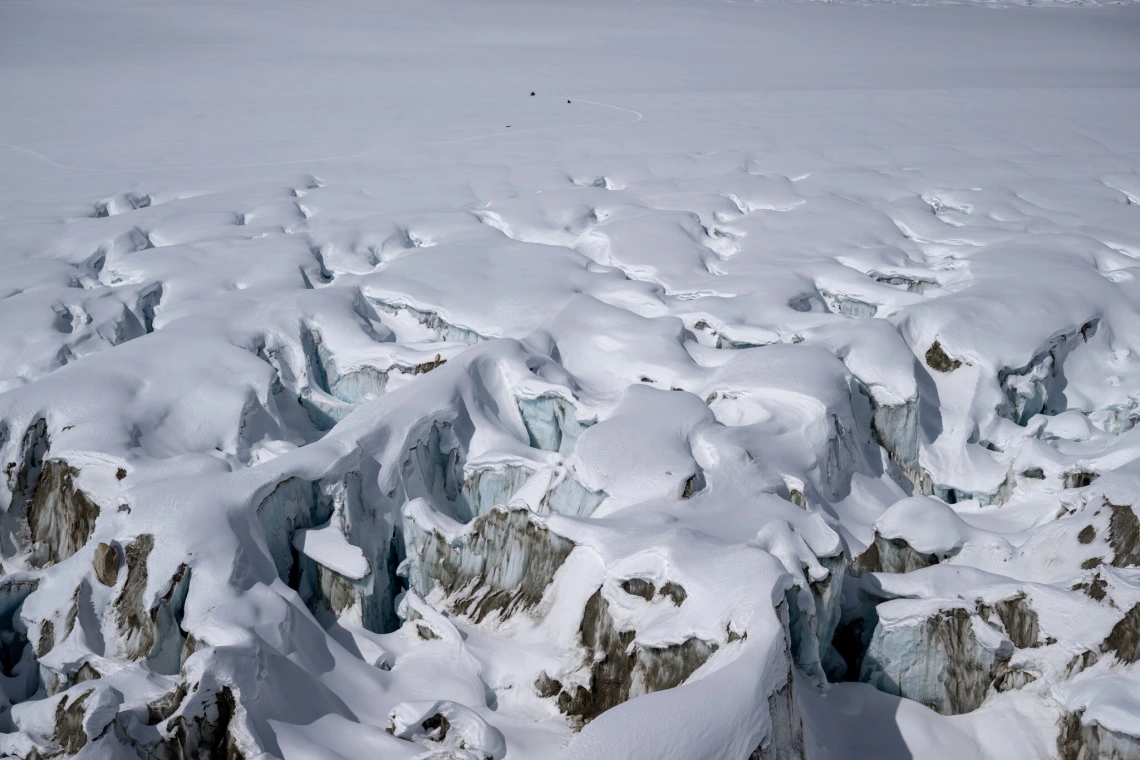 Gaping crevasses in the glacier.