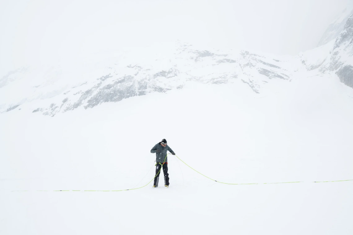 Dr. Truffer connected the ground-penetrating radar antenna to ropes so it could be towed behind a snowmobile.