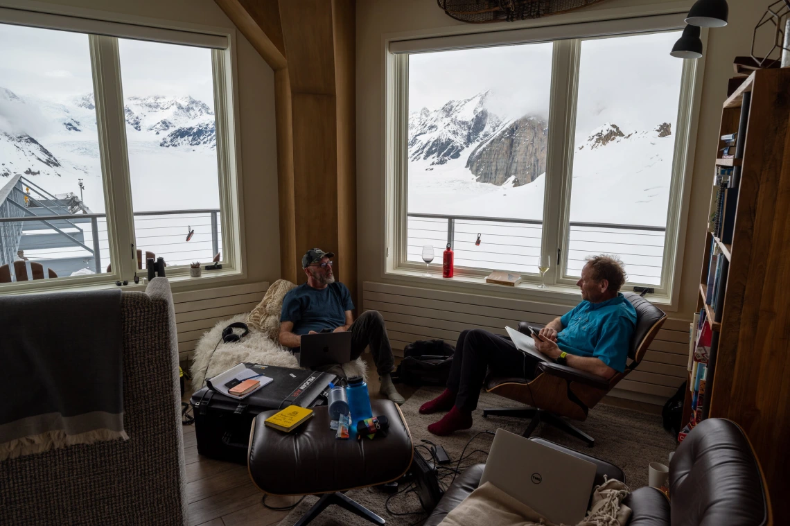 Jack Holt, a geologist at the University of Arizona, left, and Dr. Truffer reviewing data they had just collected.