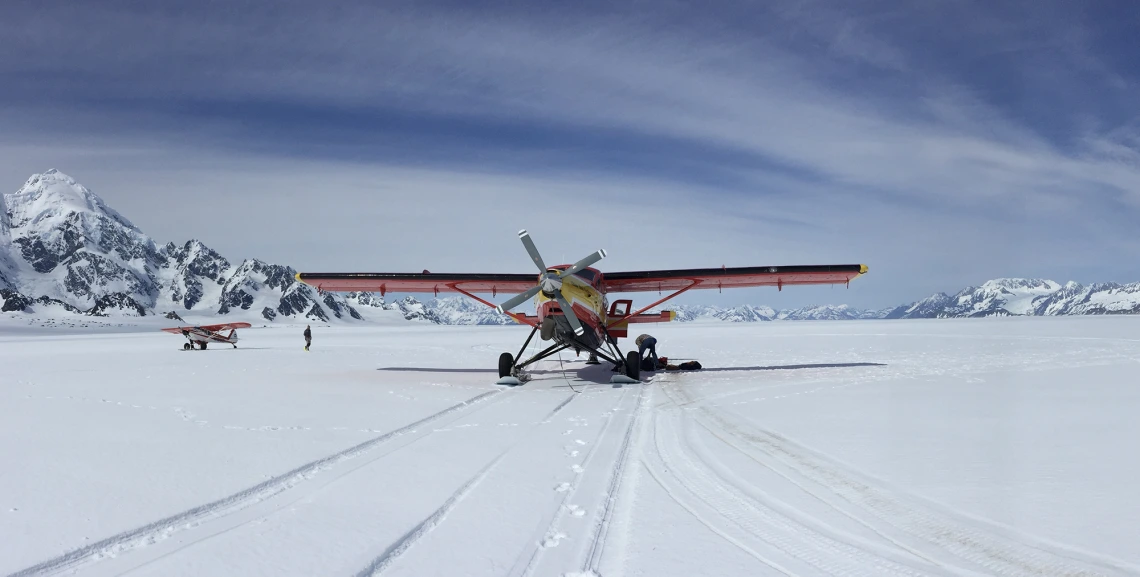 Ski-equipped deHavilland Otter aircraft on Bagley Icefield, Alaska, during NASA’s Operation IceBridge, a previous airborne program.